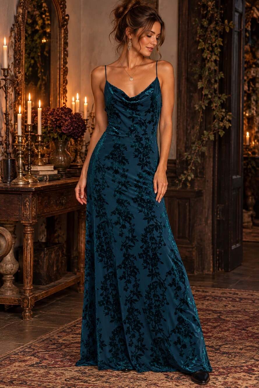 Trixxi Y2K Whimsigoth Teal Floral Velvet Burnout Cowl Neck Maxi Dress Medium